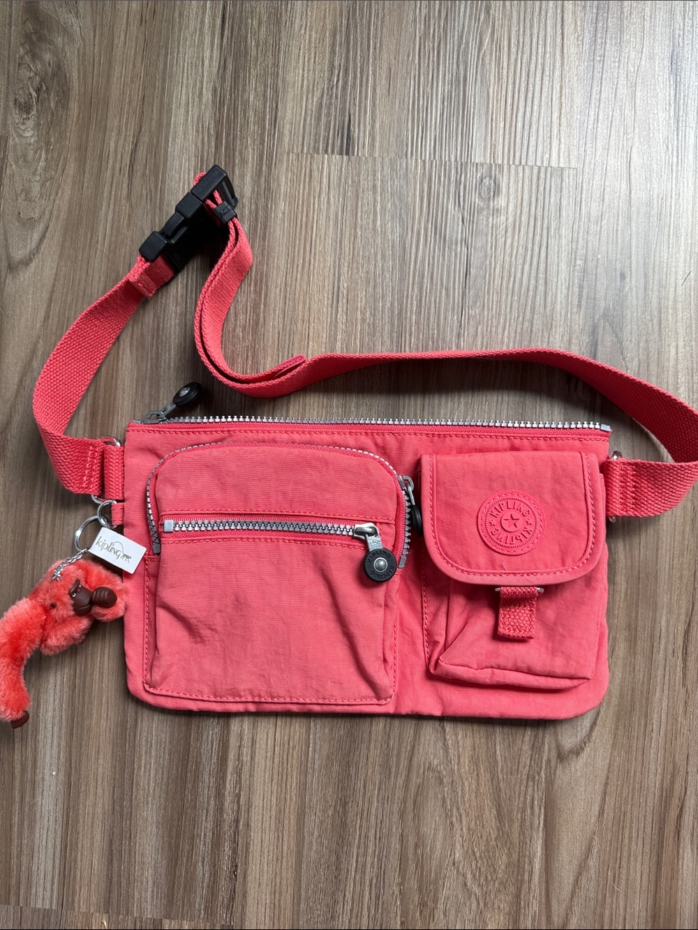 Kipling Presto Convertible Waist Bag Belt Fanny Pack Coral Pink Monkey Keychain